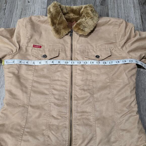 Guess Tan Full Zip Up Jacket Inside & Collar Lined Brown Faux Fur Juniors Winter - Picture 7 of 9